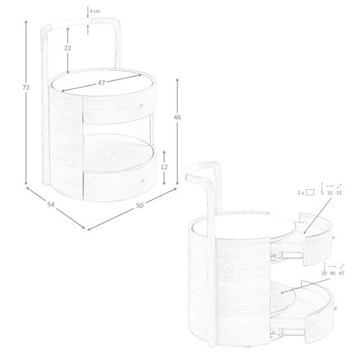 Mesa de cabeceira nogueira com tampo estofado em pele sintética cor creme, 2 gavetas com fecho soft-closing, 50 x 54 x 72 cm