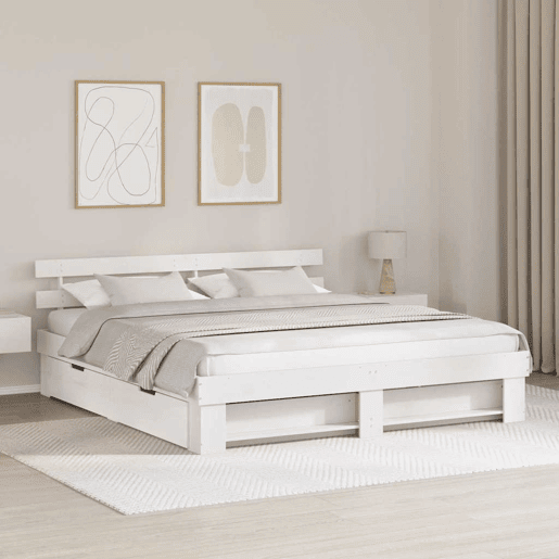 Estrutura da Cama de casal moderno para adultos com cabeceira com gaveta Branco 200 x 200 cm Estrutura da Cama de casal moderno para adultos com cabeceira com gaveta Branco 200 x 200 cm