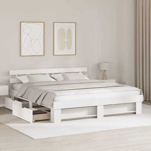 Estrutura da Cama de casal moderno para adultos com cabeceira com gaveta Branco 200 x 200 cm Estrutura da Cama de casal moderno para adultos com cabeceira com gaveta Branco 200 x 200 cm