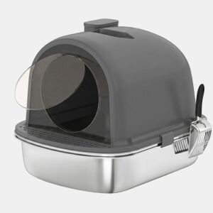 PawHut Caixa de Areia Fechada em Aço Inoxidável para Gatos com Pega, Saco Desodorizante e Pá, Antiaderrente e Fácil de Limpar, Cinzento Escuro
