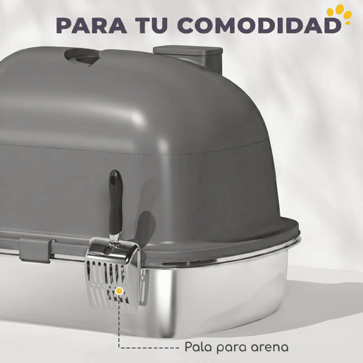 PawHut Caixa de Areia Fechada em Aço Inoxidável para Gatos com Pega, Saco Desodorizante e Pá, Antiaderrente e Fácil de Limpar, Cinzento Escuro