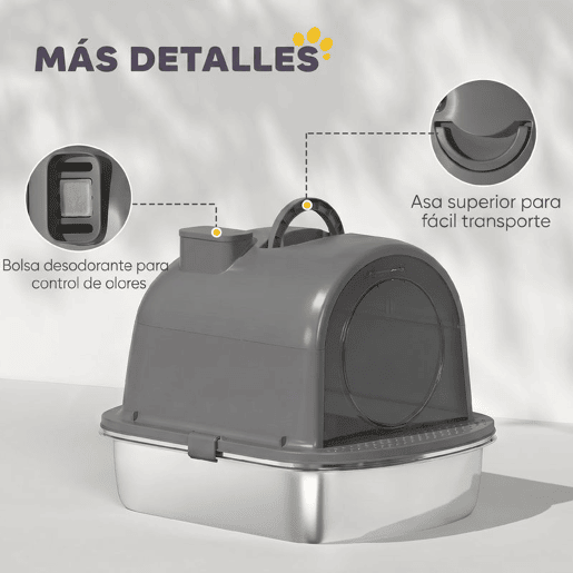 PawHut Caixa de Areia Fechada em Aço Inoxidável para Gatos com Pega, Saco Desodorizante e Pá, Antiaderrente e Fácil de Limpar, Cinzento Escuro