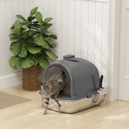 PawHut Caixa de Areia Fechada em Aço Inoxidável para Gatos com Pega, Saco Desodorizante e Pá, Antiaderrente e Fácil de Limpar, Cinzento Escuro