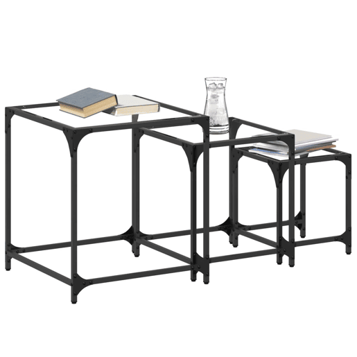 3 pcs Mesas de Centro - Mesas baixas encastrar c tampo vidro transparente aço 3 pcs Mesas de Centro - Mesas baixas encastrar c tampo vidro transparente aço