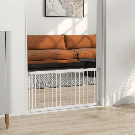 PawHut Barreira de Segurança Extensível para Cães Pequenos 67-93,5 cm, Altura 45 cm, para Portas e Escadas, Montagem por Pressão, 2 Extensões 714 cm, Branco