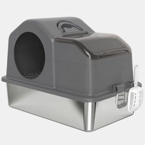 PawHut Caixa de Areia Fechada Extra Grande para Gatos com Bandeja de Aço Inoxidável Tampa Amovível Paredes Altas Tapetes Pá Sem Odores Fácil de Limpar para Gatos Grandes Cinzento Escuro