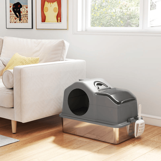 PawHut Caixa de Areia Fechada Extra Grande para Gatos com Bandeja de Aço Inoxidável Tampa Amovível Paredes Altas Tapetes Pá Sem Odores Fácil de Limpar para Gatos Grandes Cinzento Escuro