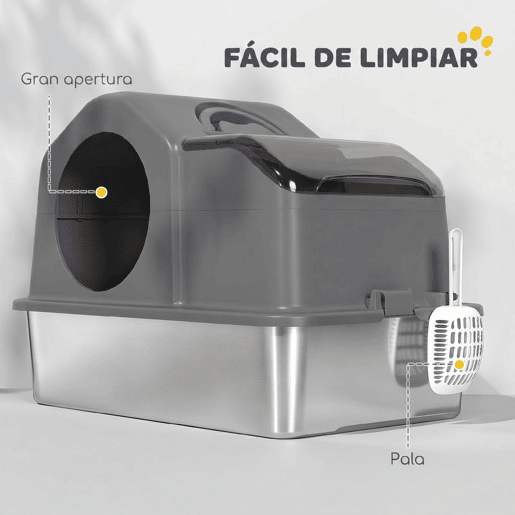 PawHut Caixa de Areia Fechada Extra Grande para Gatos com Bandeja de Aço Inoxidável Tampa Amovível Paredes Altas Tapetes Pá Sem Odores Fácil de Limpar para Gatos Grandes Cinzento Escuro