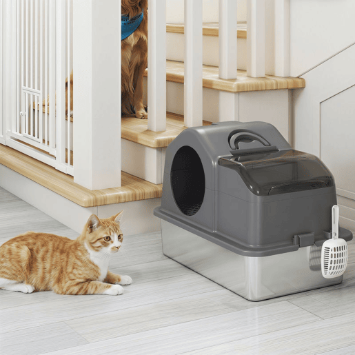 PawHut Caixa de Areia Fechada Extra Grande para Gatos com Bandeja de Aço Inoxidável Tampa Amovível Paredes Altas Tapetes Pá Sem Odores Fácil de Limpar para Gatos Grandes Cinzento Escuro