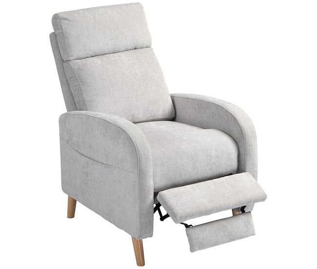 Sillón relax reclinable tapizado en lino sintético con reposapiés y bolsillo lateral carga 135 kg gris claro
