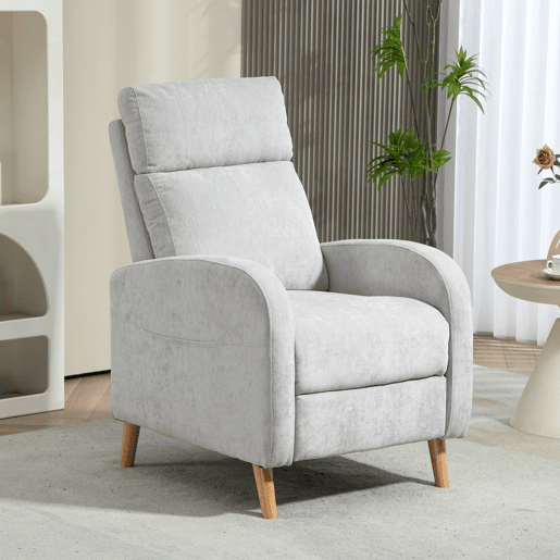 Poltrona reclinável Relax, estofada em linho sintético, com apoio para os pés e bolso lateral, capacidade de carga de 135 kg, cinza claro. Poltrona reclinável Relax, estofada em linho sintético, com apoio para os pés e bolso lateral, capacidade de carga de 135 kg, cinza claro.