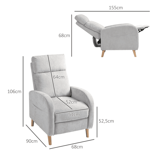 Poltrona reclinável Relax, estofada em linho sintético, com apoio para os pés e bolso lateral, capacidade de carga de 135 kg, cinza claro. Poltrona reclinável Relax, estofada em linho sintético, com apoio para os pés e bolso lateral, capacidade de carga de 135 kg, cinza claro.