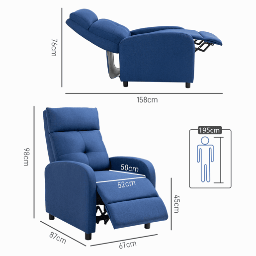 Poltrona reclinável manual, sofá individual com reclinação até 155º, capacidade de carga de 150 kg, azul