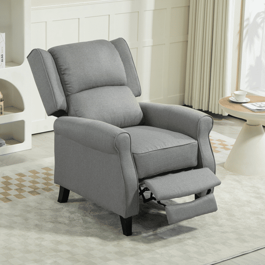 Poltrona reclinável manual Relax, estofada em linho sintético, com apoio para os pés retrátil, capacidade de carga de 150 kg, cinza.