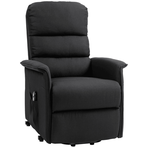 Poltrona elétrica reclinável com controle remoto e bolso lateral, estofada em linho preto.