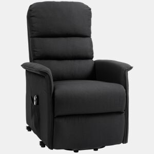 Poltrona elétrica reclinável com controle remoto e bolso lateral, estofada em linho preto.