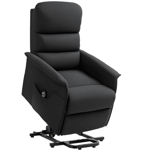 Poltrona elétrica reclinável com controle remoto e bolso lateral, estofada em linho preto.