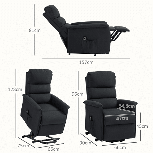 Poltrona elétrica reclinável com controle remoto e bolso lateral, estofada em linho preto.