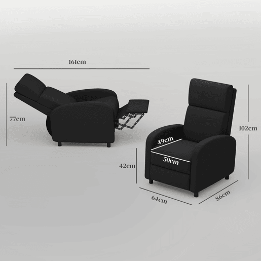 Poltrona reclinável moderna com apoio para os pés, inclinação de até 160°, suporta até 120 kg, 64x86x102 cm, preta. Poltrona reclinável moderna com apoio para os pés, inclinação de até 160°, suporta até 120 kg, 64x86x102 cm, preta.