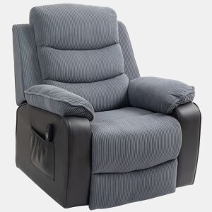 Poltrona elétrica reclinável com controle remoto, porta USB e bolsos laterais, cinza escuro.