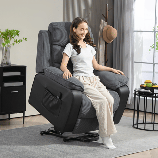 Poltrona elétrica reclinável com controle remoto, porta USB e bolsos laterais, cinza escuro. Poltrona elétrica reclinável com controle remoto, porta USB e bolsos laterais, cinza escuro.