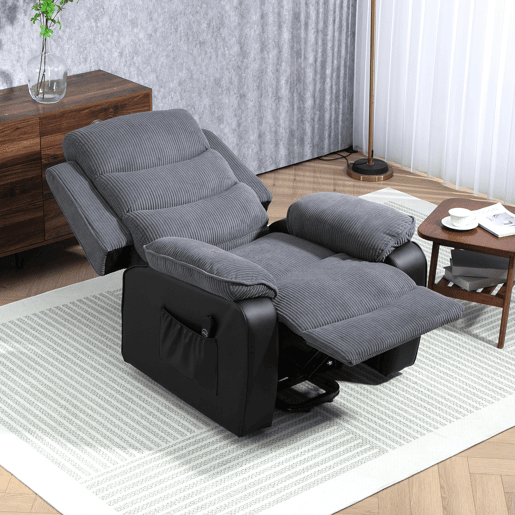 Poltrona elétrica reclinável com controle remoto, porta USB e bolsos laterais, cinza escuro. Poltrona elétrica reclinável com controle remoto, porta USB e bolsos laterais, cinza escuro.