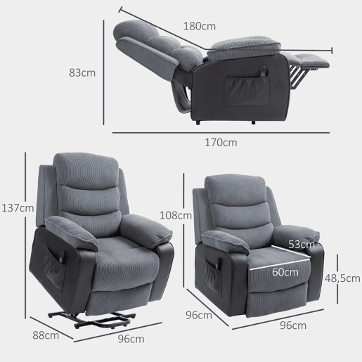 Poltrona elétrica reclinável com controle remoto, porta USB e bolsos laterais, cinza escuro. Poltrona elétrica reclinável com controle remoto, porta USB e bolsos laterais, cinza escuro.