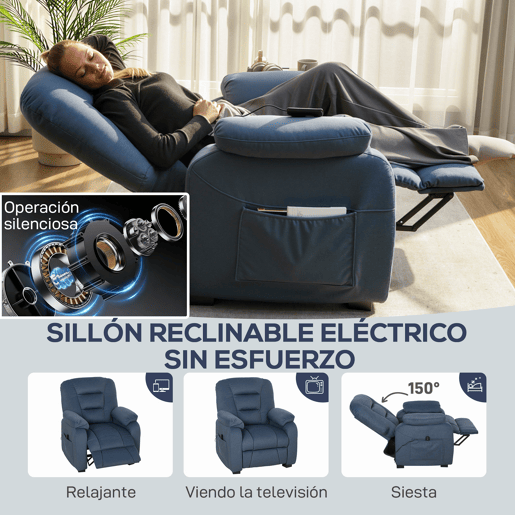 Poltrona elétrica reclinável, silenciosa, com função de memória, apoio para os pés, controle remoto, bolsos laterais, azul.