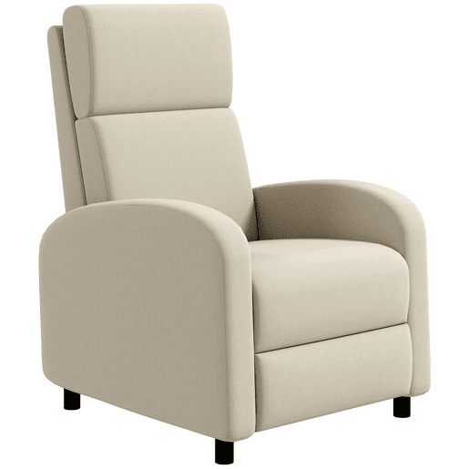 Poltrona reclinável moderna com apoio para os pés, inclinação de até 160°, suporta até 120 kg, 64x86x102 cm, cor creme.