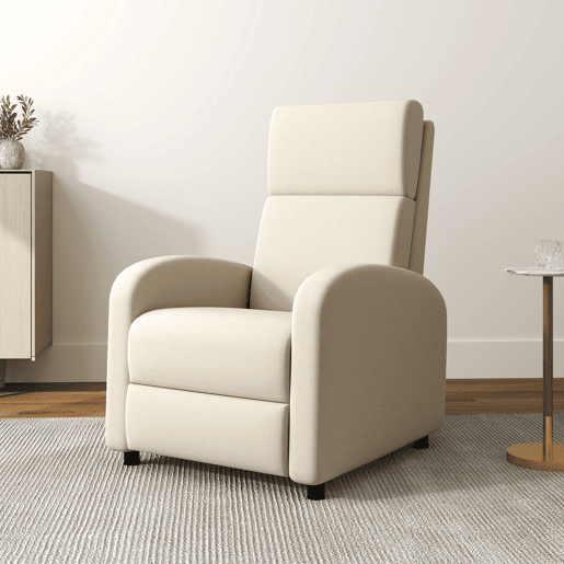 Poltrona reclinável moderna com apoio para os pés, inclinação de até 160°, suporta até 120 kg, 64x86x102 cm, cor creme.