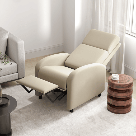 Poltrona reclinável moderna com apoio para os pés, inclinação de até 160°, suporta até 120 kg, 64x86x102 cm, cor creme.