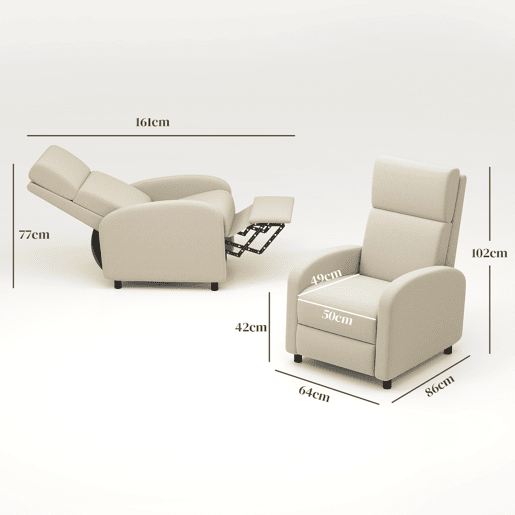 Poltrona reclinável moderna com apoio para os pés, inclinação de até 160°, suporta até 120 kg, 64x86x102 cm, cor creme.