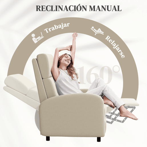 Poltrona reclinável moderna com apoio para os pés, inclinação de até 160°, suporta até 120 kg, 64x86x102 cm, cor creme.