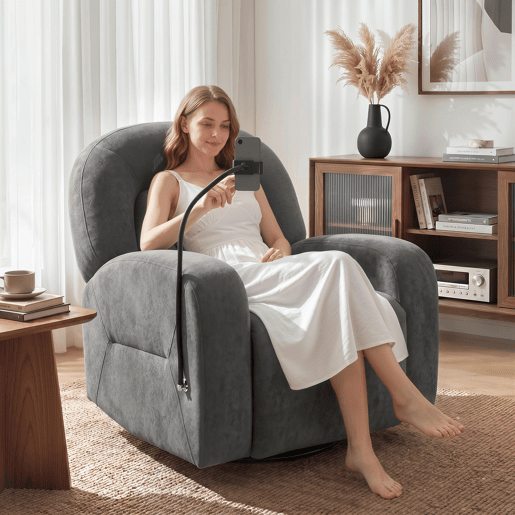 Poltrona reclinável 3 em 1 com função de balanço, giro de 360°, suporte para celular, assento amplo, cinza