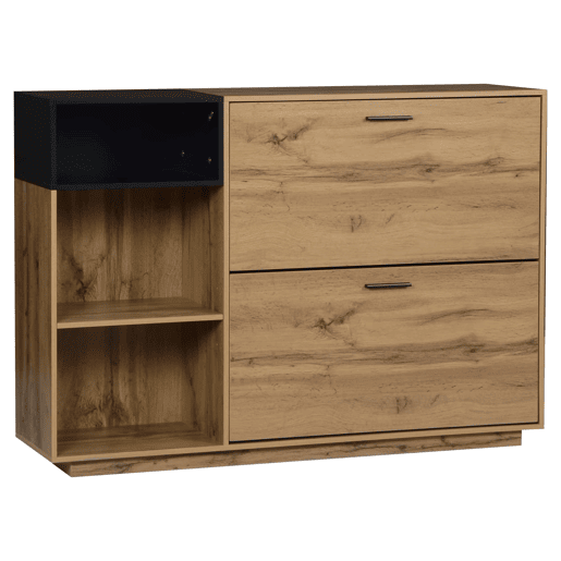 Armário para sapatos 120 x 32 x 84,5 cm - 3 compartimentos abertos + 2 compartimentos com porta basculante, armário duplo, MDF, 50 kg - madeira natural + preto Armário para sapatos 120 x 32 x 84,5 cm - 3 compartimentos abertos + 2 compartimentos com porta basculante, armário duplo, MDF, 50 kg - madeira natural + preto