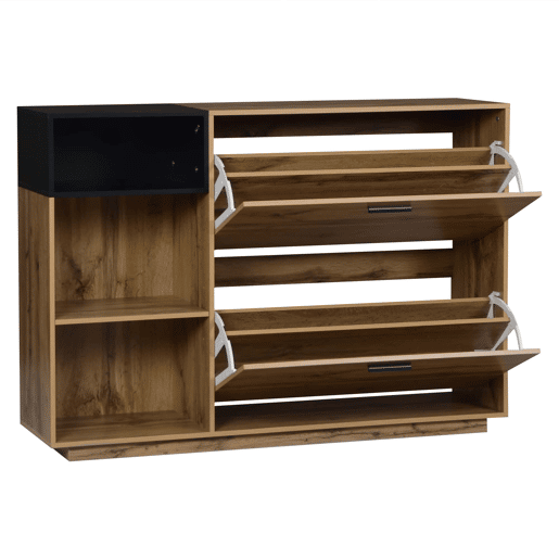 Armário para sapatos 120 x 32 x 84,5 cm - 3 compartimentos abertos + 2 compartimentos com porta basculante, armário duplo, MDF, 50 kg - madeira natural + preto Armário para sapatos 120 x 32 x 84,5 cm - 3 compartimentos abertos + 2 compartimentos com porta basculante, armário duplo, MDF, 50 kg - madeira natural + preto