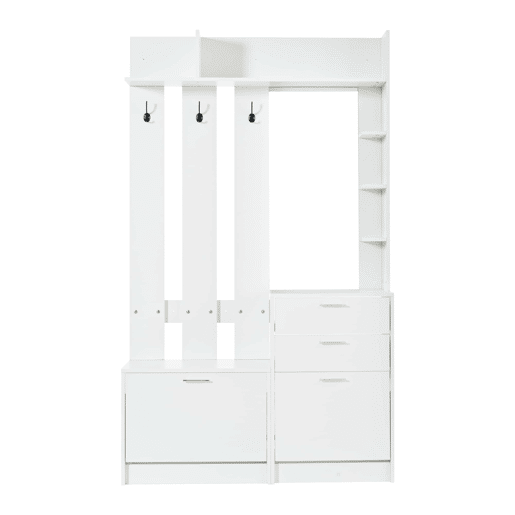 Capeiro multifuncional para a entrada com sapateira e espelho 110x34x185 cm - 2 gavetas, 2 sapateiras rebatíveis, 3 ganchos, espelho de vidro, 3 prateleiras - branco Capeiro multifuncional para a entrada com sapateira e espelho 110x34x185 cm - 2 gavetas, 2 sapateiras rebatíveis, 3 ganchos, espelho de vidro, 3 prateleiras - branco