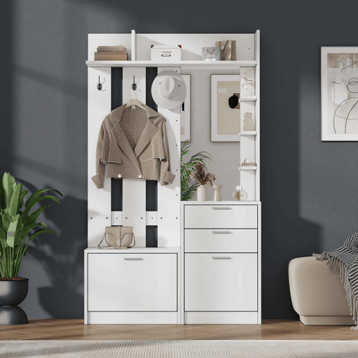 Capeiro multifuncional para a entrada com sapateira e espelho 110x34x185 cm - 2 gavetas, 2 sapateiras rebatíveis, 3 ganchos, espelho de vidro, 3 prateleiras - branco Capeiro multifuncional para a entrada com sapateira e espelho 110x34x185 cm - 2 gavetas, 2 sapateiras rebatíveis, 3 ganchos, espelho de vidro, 3 prateleiras - branco