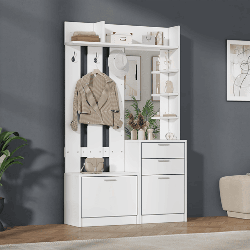 Capeiro multifuncional para a entrada com sapateira e espelho 110x34x185 cm - 2 gavetas, 2 sapateiras rebatíveis, 3 ganchos, espelho de vidro, 3 prateleiras - branco Capeiro multifuncional para a entrada com sapateira e espelho 110x34x185 cm - 2 gavetas, 2 sapateiras rebatíveis, 3 ganchos, espelho de vidro, 3 prateleiras - branco