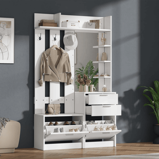 Capeiro multifuncional para a entrada com sapateira e espelho 110x34x185 cm - 2 gavetas, 2 sapateiras rebatíveis, 3 ganchos, espelho de vidro, 3 prateleiras - branco Capeiro multifuncional para a entrada com sapateira e espelho 110x34x185 cm - 2 gavetas, 2 sapateiras rebatíveis, 3 ganchos, espelho de vidro, 3 prateleiras - branco