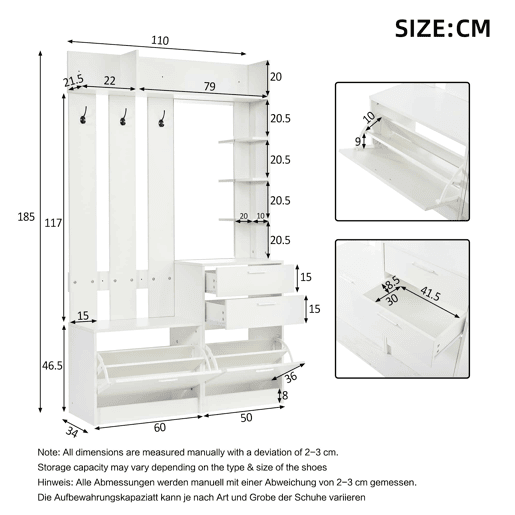 Capeiro multifuncional para a entrada com sapateira e espelho 110x34x185 cm - 2 gavetas, 2 sapateiras rebatíveis, 3 ganchos, espelho de vidro, 3 prateleiras - branco Capeiro multifuncional para a entrada com sapateira e espelho 110x34x185 cm - 2 gavetas, 2 sapateiras rebatíveis, 3 ganchos, espelho de vidro, 3 prateleiras - branco