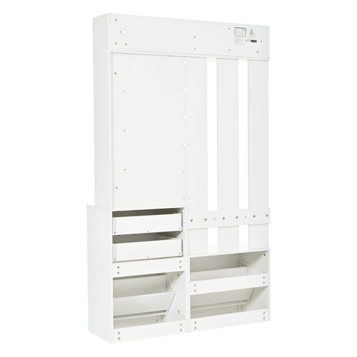 Capeiro multifuncional para a entrada com sapateira e espelho 110x34x185 cm - 2 gavetas, 2 sapateiras rebatíveis, 3 ganchos, espelho de vidro, 3 prateleiras - branco Capeiro multifuncional para a entrada com sapateira e espelho 110x34x185 cm - 2 gavetas, 2 sapateiras rebatíveis, 3 ganchos, espelho de vidro, 3 prateleiras - branco