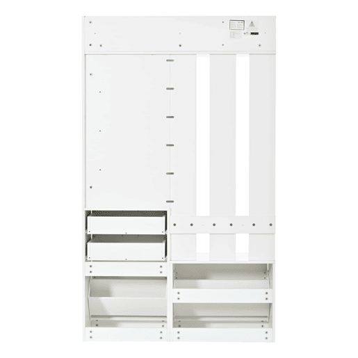 Capeiro multifuncional para a entrada com sapateira e espelho 110x34x185 cm - 2 gavetas, 2 sapateiras rebatíveis, 3 ganchos, espelho de vidro, 3 prateleiras - branco Capeiro multifuncional para a entrada com sapateira e espelho 110x34x185 cm - 2 gavetas, 2 sapateiras rebatíveis, 3 ganchos, espelho de vidro, 3 prateleiras - branco