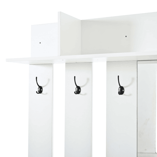 Capeiro multifuncional para a entrada com sapateira e espelho 110x34x185 cm - 2 gavetas, 2 sapateiras rebatíveis, 3 ganchos, espelho de vidro, 3 prateleiras - branco Capeiro multifuncional para a entrada com sapateira e espelho 110x34x185 cm - 2 gavetas, 2 sapateiras rebatíveis, 3 ganchos, espelho de vidro, 3 prateleiras - branco