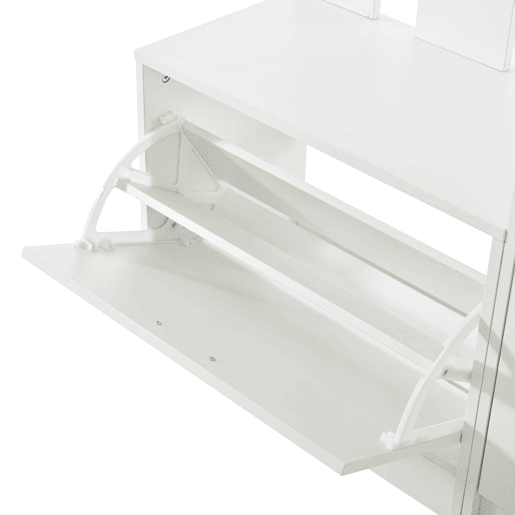 Capeiro multifuncional para a entrada com sapateira e espelho 110x34x185 cm - 2 gavetas, 2 sapateiras rebatíveis, 3 ganchos, espelho de vidro, 3 prateleiras - branco Capeiro multifuncional para a entrada com sapateira e espelho 110x34x185 cm - 2 gavetas, 2 sapateiras rebatíveis, 3 ganchos, espelho de vidro, 3 prateleiras - branco