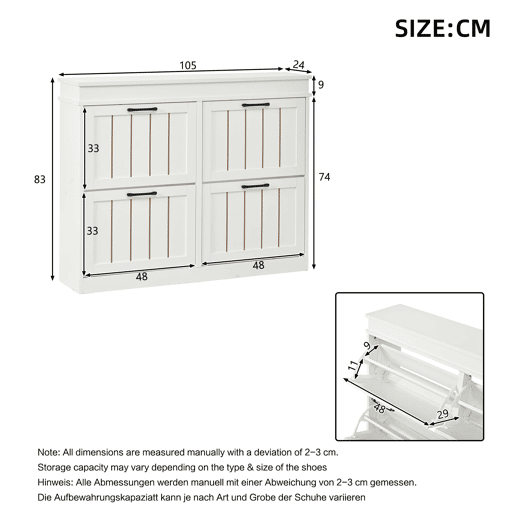 Armário moderno 105 x 24 x 83 cm u2013 armário de entrada com 4 portas basculantes e 8 compartimentos, com puxador preto u2013 branco Armário moderno 105 x 24 x 83 cm u2013 armário de entrada com 4 portas basculantes e 8 compartimentos, com puxador preto u2013 branco