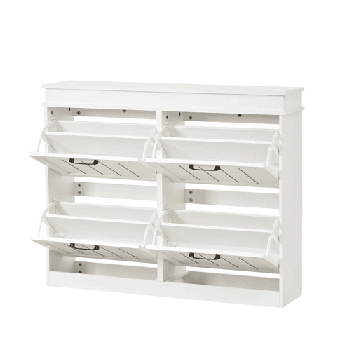 Armário moderno 105 x 24 x 83 cm u2013 armário de entrada com 4 portas basculantes e 8 compartimentos, com puxador preto u2013 branco Armário moderno 105 x 24 x 83 cm u2013 armário de entrada com 4 portas basculantes e 8 compartimentos, com puxador preto u2013 branco