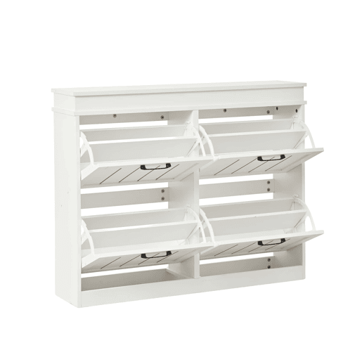 Armário moderno 105 x 24 x 83 cm u2013 armário de entrada com 4 portas basculantes e 8 compartimentos, com puxador preto u2013 branco Armário moderno 105 x 24 x 83 cm u2013 armário de entrada com 4 portas basculantes e 8 compartimentos, com puxador preto u2013 branco