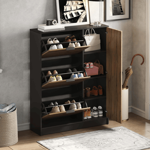 Armário para sapatos 100x30x130 cm - MDF com 3 compartimentos rebatíveis e 1 armário com porta, capacidade para 12 pares, até 50 kg, móvel de entrada - madeira natural + preto Armário para sapatos 100x30x130 cm - MDF com 3 compartimentos rebatíveis e 1 armário com porta, capacidade para 12 pares, até 50 kg, móvel de entrada - madeira natural + preto
