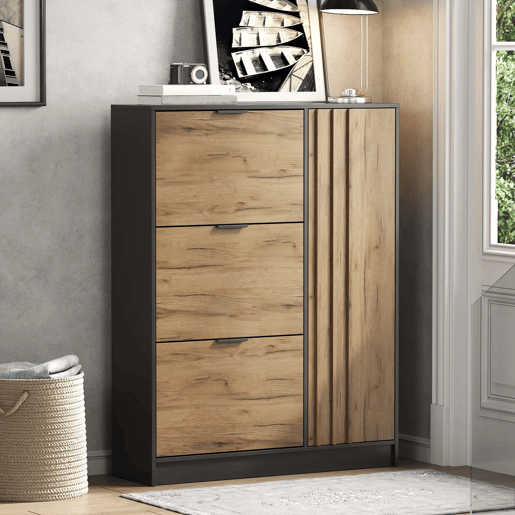 Armário para sapatos 100x30x130 cm - MDF com 3 compartimentos rebatíveis e 1 armário com porta, capacidade para 12 pares, até 50 kg, móvel de entrada - madeira natural + preto Armário para sapatos 100x30x130 cm - MDF com 3 compartimentos rebatíveis e 1 armário com porta, capacidade para 12 pares, até 50 kg, móvel de entrada - madeira natural + preto